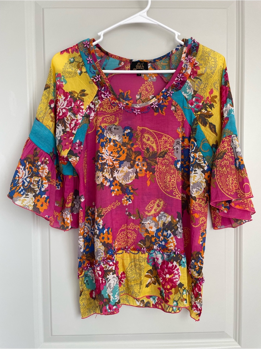 Faith Boho Beaded Embroidered Paisley Top | Patchwork Bell Sleeve | Small